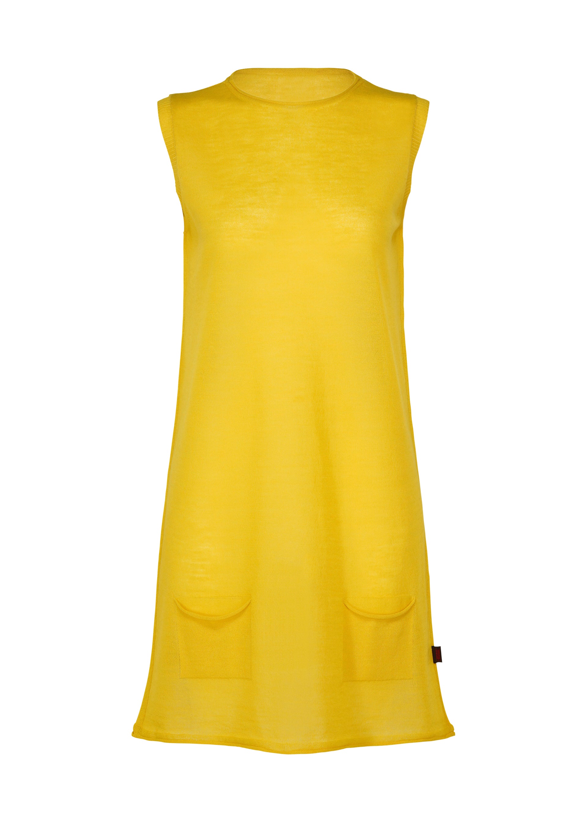 Zoomed view AIRY POCKET LAYERS by HaaT—a minimalist knit sleeveless yellow tunic dress with a round neckline and two front pockets, displayed on a white background. - SUN YELLOW （no.55）