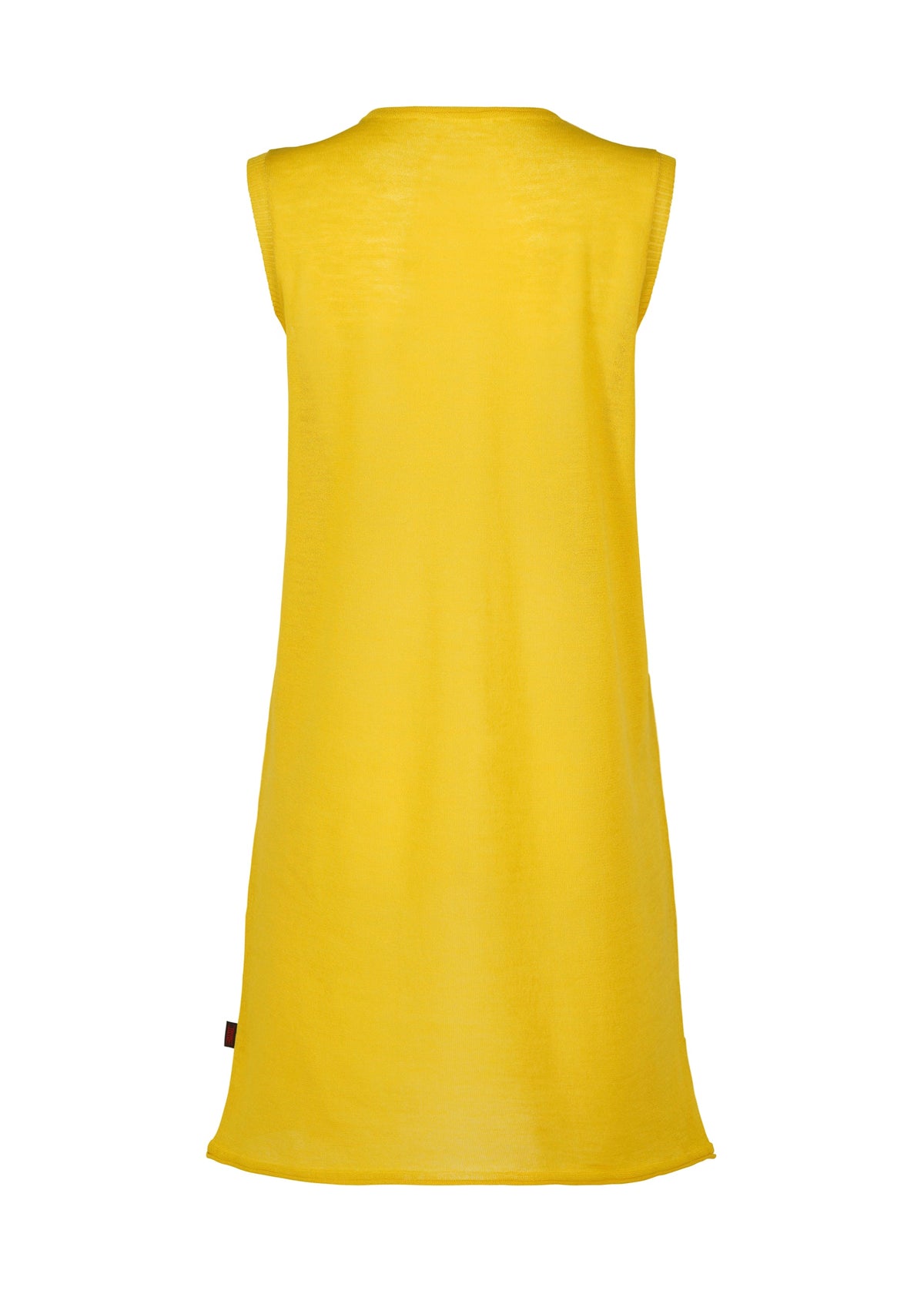 The AIRY POCKET LAYERS dress by HaaT is showcased from the back against a plain white background. This sleeveless, knee-length yellow tunic features a straight, loose fit with minimal seams, a simple neckline, and exemplifies a minimalist knit aesthetic. view 4 of 8