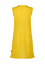 The AIRY POCKET LAYERS dress by HaaT is showcased from the back against a plain white background. This sleeveless, knee-length yellow tunic features a straight, loose fit with minimal seams, a simple neckline, and exemplifies a minimalist knit aesthetic.