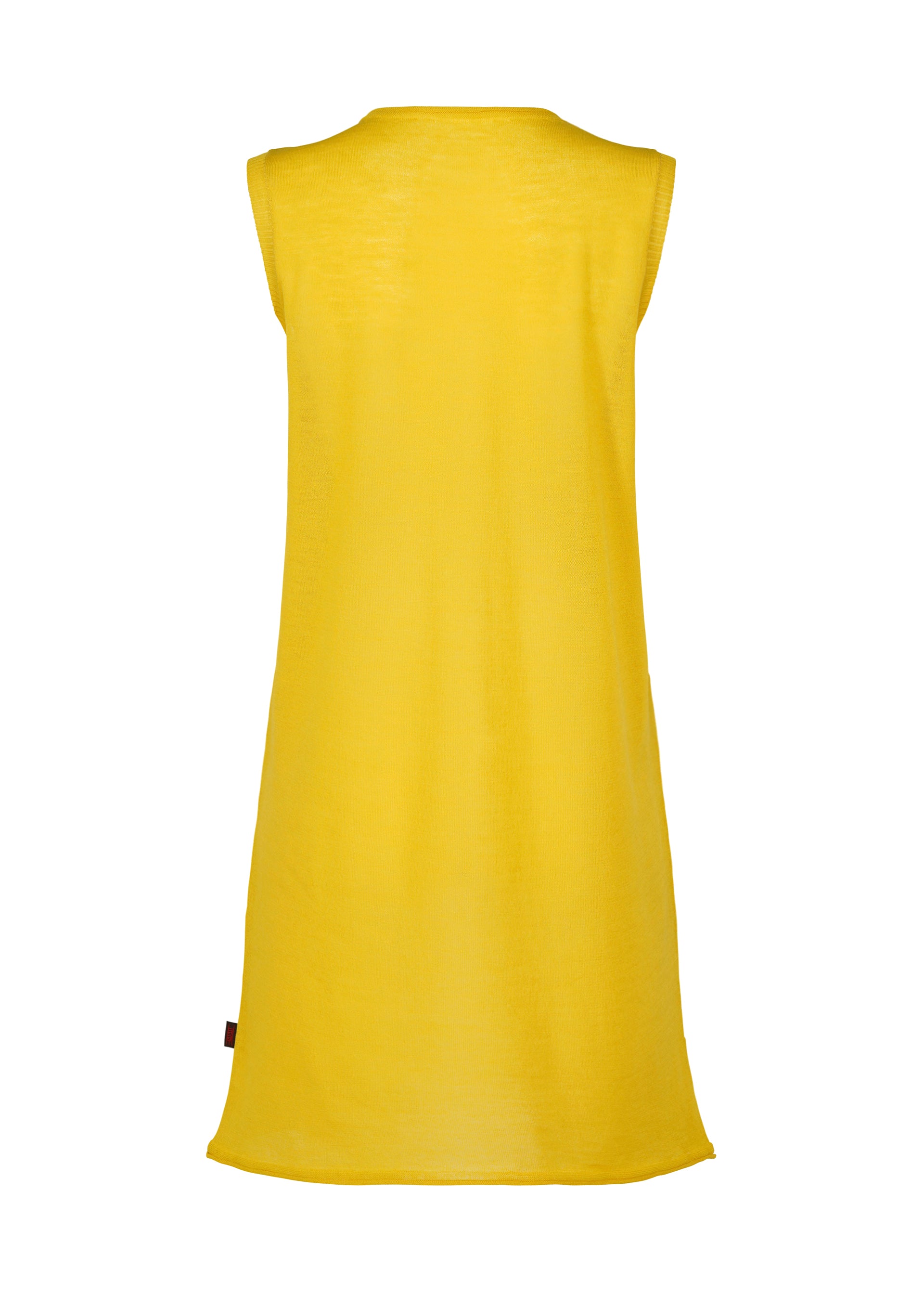 Zoomed view The AIRY POCKET LAYERS dress by HaaT is showcased from the back against a plain white background. This sleeveless, knee-length yellow tunic features a straight, loose fit with minimal seams, a simple neckline, and exemplifies a minimalist knit aesthetic.