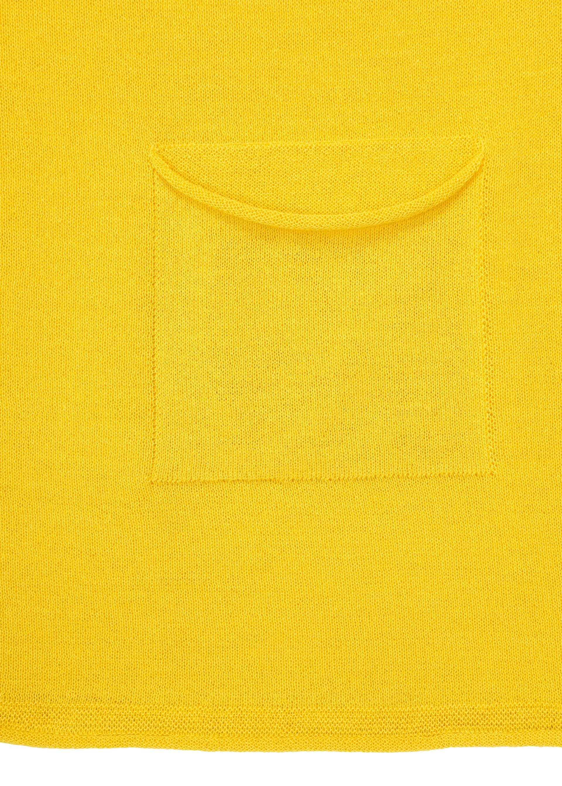 Zoomed view The AIRY POCKET LAYERS by HaaT features a vibrant yellow fabric with a small, square pocket stitched at the center—its opening at the top creating a subtly layered effect. The visible texture enhances its minimalist knit tunic-inspired design.
