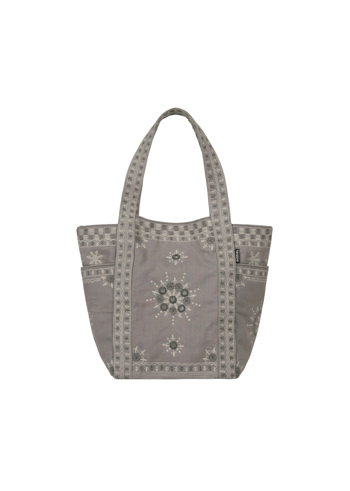 The DAZZLE MIRROR BOX by HaaT is a gray mini tote bag with floral patterns and wide handles, featuring symmetrical decorative stitching inspired by Bhill embroidery and small side pockets, handcrafted by Indian artisans. view 1 of 8