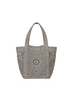 The DAZZLE MIRROR BOX by HaaT is a gray mini tote bag with floral patterns and wide handles, featuring symmetrical decorative stitching inspired by Bhill embroidery and small side pockets, handcrafted by Indian artisans. - DARK GRAY （no.13）