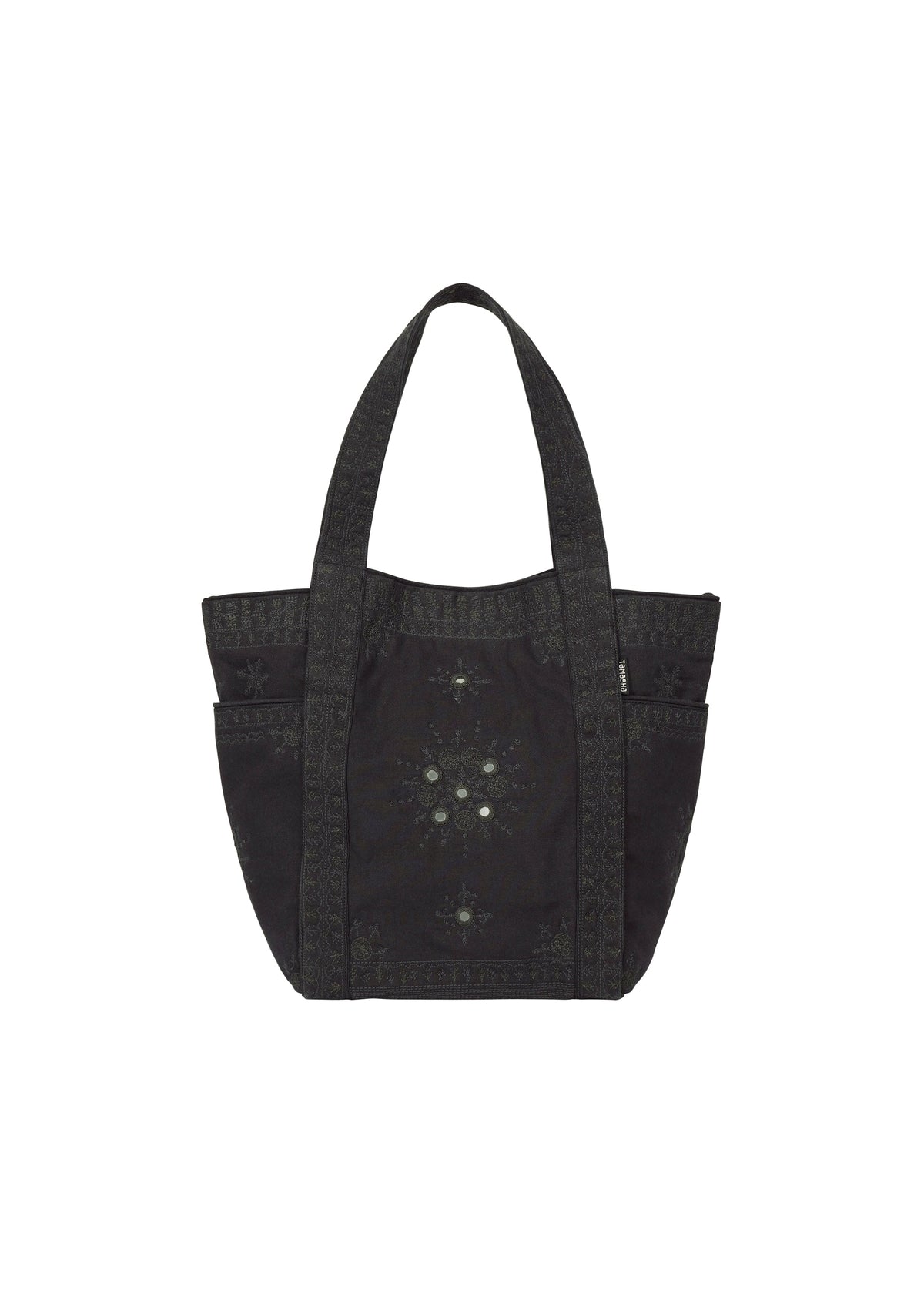 HaaT DAZZLE MIRROR BOX mini tote bag with two handles, featuring subtle decorative patterns inspired by Bhill embroidery and a central faded design, meticulously handcrafted by Indian artisans and photographed against a white background. view 2 of 8