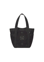 HaaT DAZZLE MIRROR BOX mini tote bag with two handles, featuring subtle decorative patterns inspired by Bhill embroidery and a central faded design, meticulously handcrafted by Indian artisans and photographed against a white background. - BLACK （no.15）