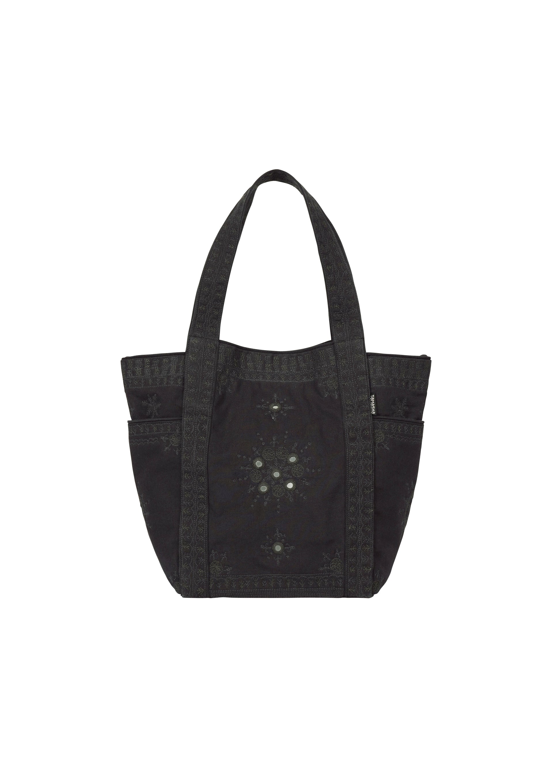 Zoomed view HaaT DAZZLE MIRROR BOX mini tote bag with two handles, featuring subtle decorative patterns inspired by Bhill embroidery and a central faded design, meticulously handcrafted by Indian artisans and photographed against a white background. - BLACK （no.15）