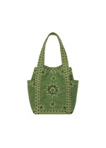 Sure! Here is the rewritten sentence using the provided product data: The DAZZLE MIRROR BOX by HaaT is a green mini tote bag with two handles, featuring an exquisitely embroidered floral pattern and decorative border details inspired by Bhill embroidery. Handcrafted by Indian artisans, this bag offers convenient side pockets and a central embroidered design in yellow and black on a white background.