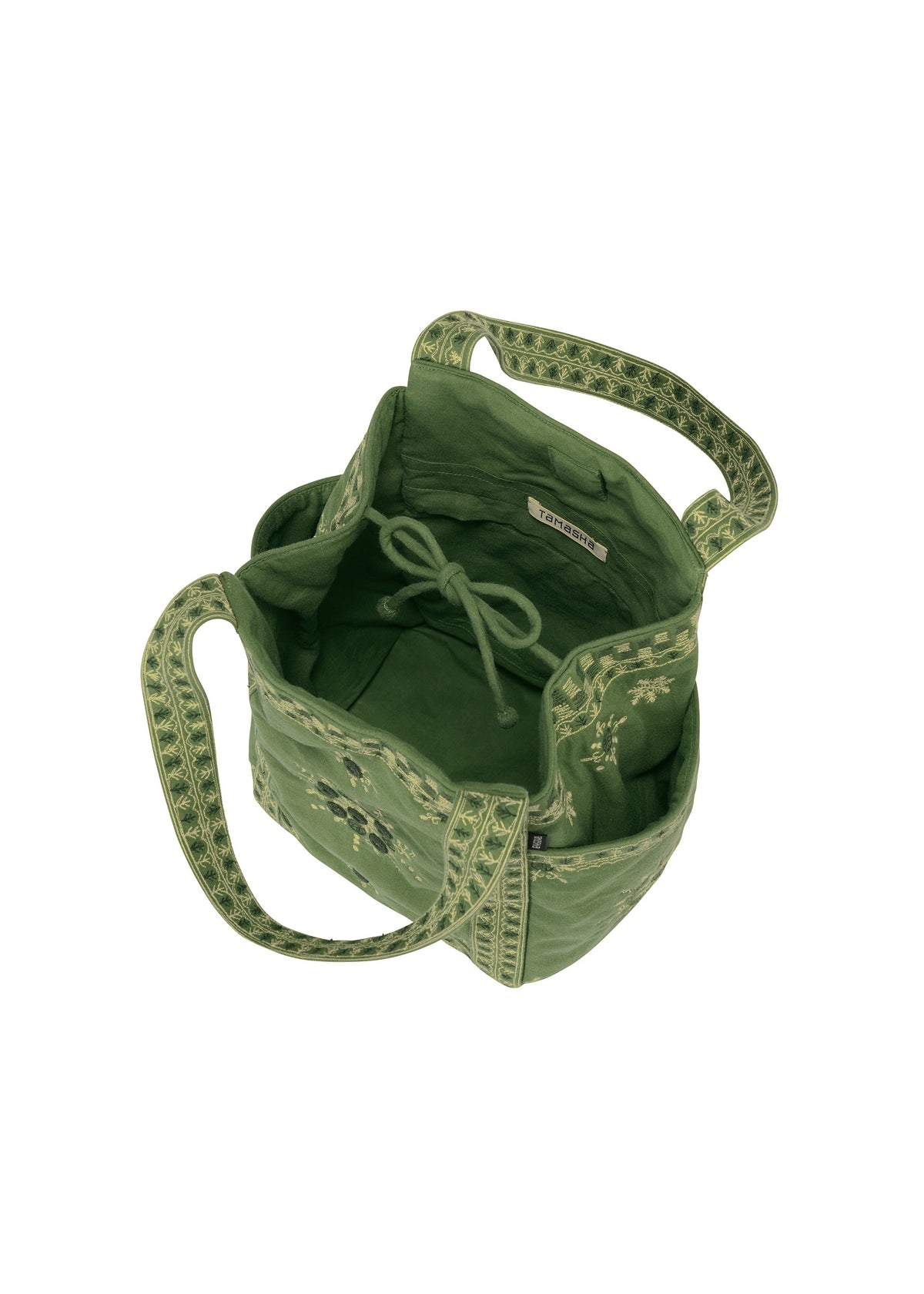 Green fabric mini tote bag with floral Bhill embroidery, open to show interior with a tie closure and handles featuring a matching pattern, handcrafted by Indian artisans and viewed from above on a white background. view 6 of 8