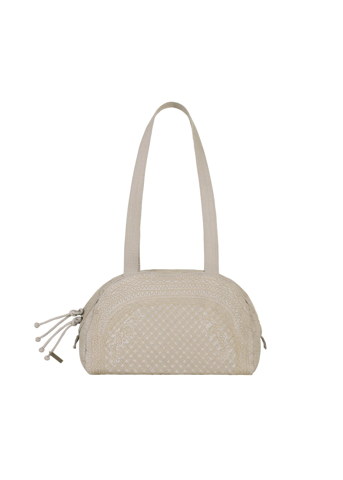 Introducing the BLOOM & PLAID BOSTON bag by HaaT—a beige quilted Boston-style bag featuring dual shoulder straps and intricate Bhill embroidery handcrafted by Indian artisans. This rounded bag comes with a secure zipper closure and is accented with decorative tassels on the pull for an elegant finish. view 1 of 8