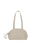 Introducing the BLOOM & PLAID BOSTON bag by HaaT—a beige quilted Boston-style bag featuring dual shoulder straps and intricate Bhill embroidery handcrafted by Indian artisans. This rounded bag comes with a secure zipper closure and is accented with decorative tassels on the pull for an elegant finish. - MOON GRAY （no.17）