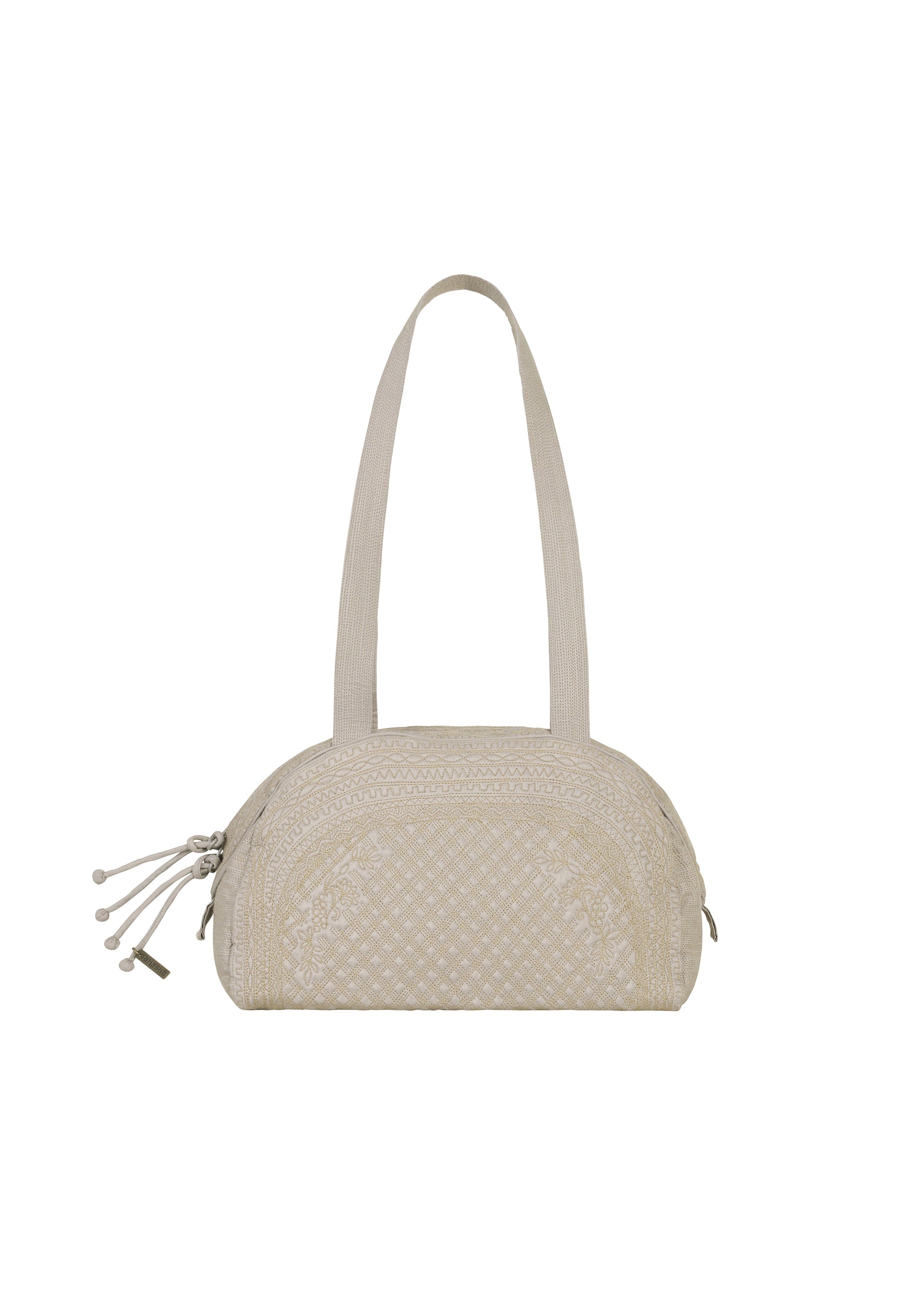 Zoomed view Introducing the BLOOM & PLAID BOSTON bag by HaaT—a beige quilted Boston-style bag featuring dual shoulder straps and intricate Bhill embroidery handcrafted by Indian artisans. This rounded bag comes with a secure zipper closure and is accented with decorative tassels on the pull for an elegant finish. - MOON GRAY （no.17）
