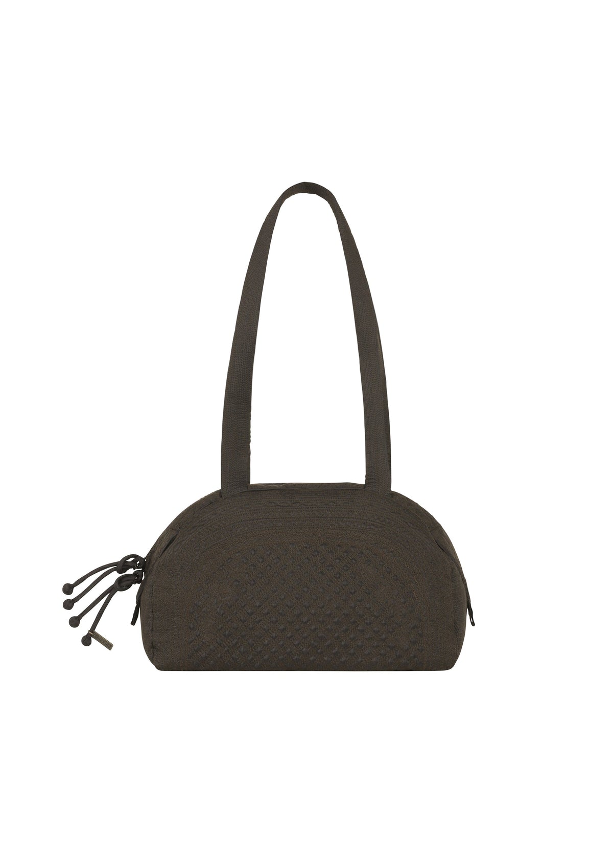 The BLOOM & PLAID BOSTON by HaaT is a black, dome-shaped Boston bag featuring two shoulder straps, distinctive side zipper detailing, and decorative tassels on the left side—expertly handcrafted by Indian artisans and showcased against a plain white background. view 3 of 8