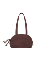 The BLOOM & PLAID BOSTON handbag by HaaT is a dark brown woven bag featuring two handles, a curved top, and a small drawstring detail on the left side. Inspired by Indian artisan craftsmanship, it is displayed against a plain white background. - MAROON （no.87）