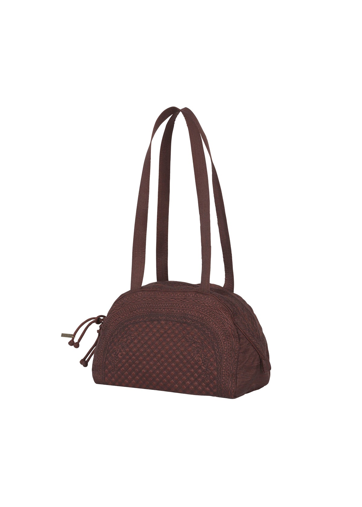 The BLOOM & PLAID BOSTON by HaaT is a brown quilted Boston bag featuring two long shoulder straps, a rounded top, and a front zip pocket, beautifully showcasing the craftsmanship of Indian artisans. It is photographed against a white background. view 4 of 8