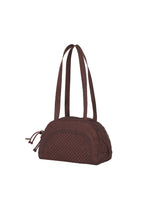 The BLOOM & PLAID BOSTON by HaaT is a brown quilted Boston bag featuring two long shoulder straps, a rounded top, and a front zip pocket, beautifully showcasing the craftsmanship of Indian artisans. It is photographed against a white background.