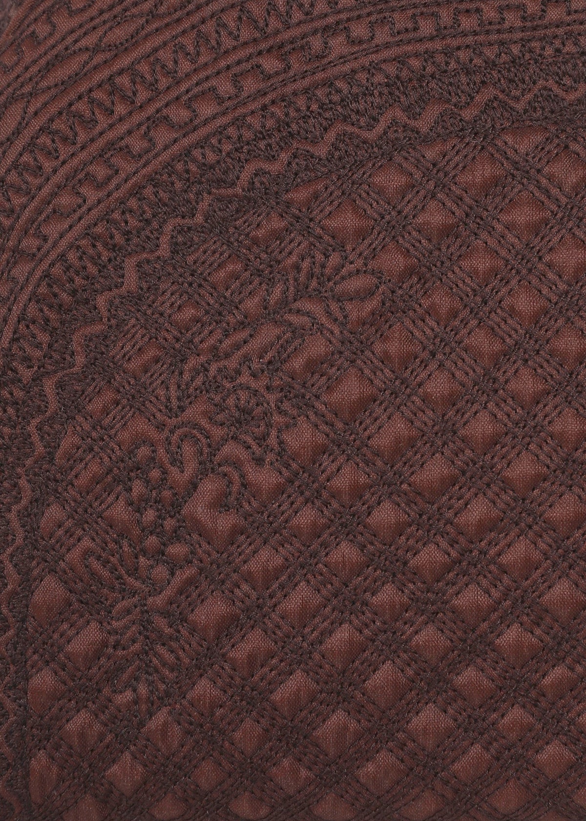 Close-up of dark brown BLOOM & PLAID BOSTON fabric by HaaT, featuring intricate Bhill embroidery with diamond motifs and ornate borders, highlighting the textured and decorative surface masterfully crafted by Indian artisans. view 6 of 8