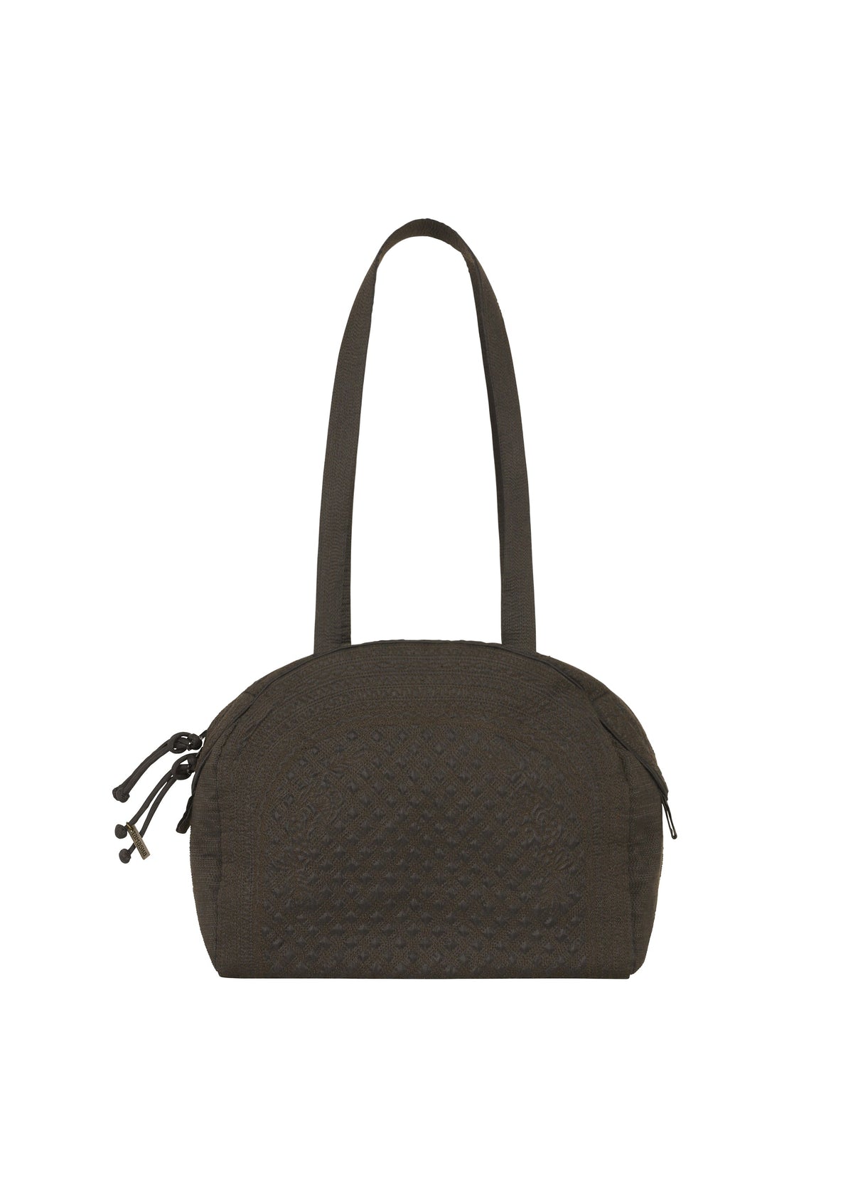 The HaaT BLOOM & PLAID BOSTON is a dark brown, textured fabric Boston bag with two handles and a zippered closure, adorned with intricate Bhill embroidery and displayed against a white background. view 2 of 7