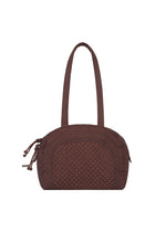 The BLOOM & PLAID BOSTON by HaaT is a brown quilted Boston bag featuring two handles, a rounded top, and a front zippered pocket. Showcasing intricate Bhill embroidery and crafted in India, it is photographed against a white background. - MAROON （no.87）