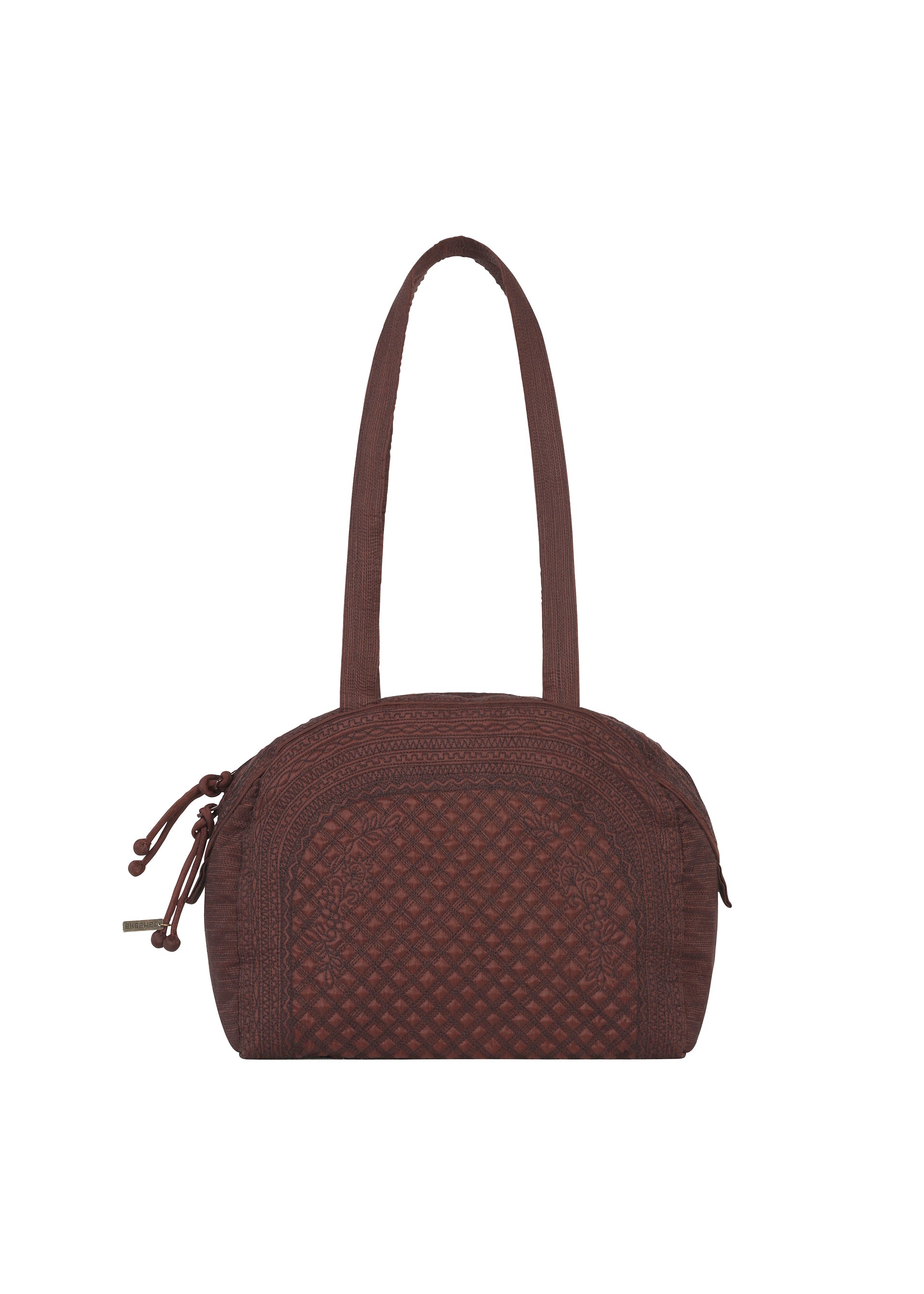 Zoomed view The BLOOM & PLAID BOSTON by HaaT is a brown quilted Boston bag featuring two handles, a rounded top, and a front zippered pocket. Showcasing intricate Bhill embroidery and crafted in India, it is photographed against a white background. - MAROON （no.87）