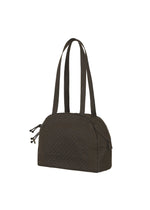 Introducing the BLOOM & PLAID BOSTON by HaaT—a dark brown Boston bag featuring a textured front pocket, two long handles, and a zipper closure. This beautifully crafted dome-shaped bag is made of fabric with a simple design and is expertly made in India.