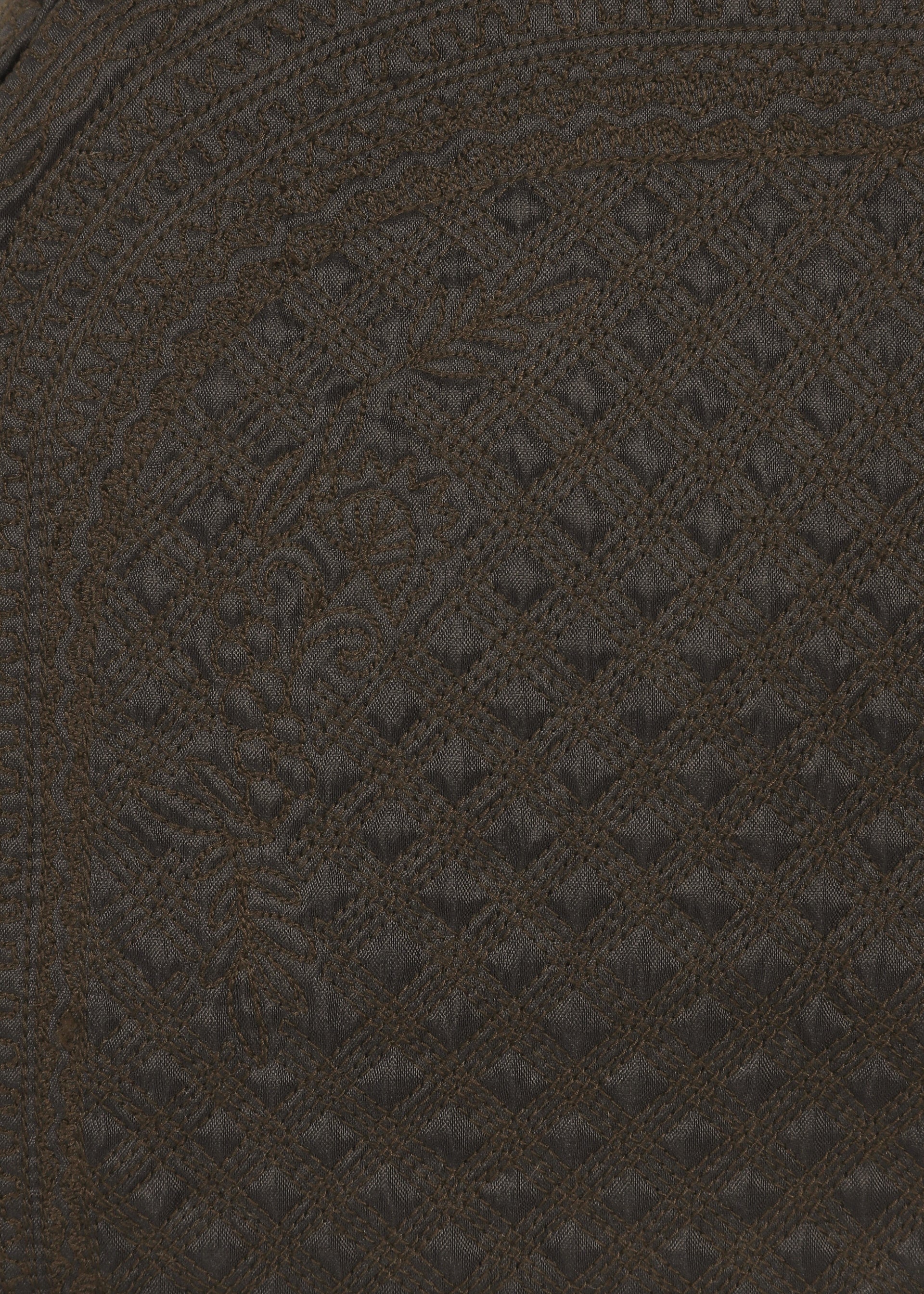 Zoomed view Close-up of dark brown textured fabric featuring diamond-shaped stitching and intricate, swirling Bhill embroidery patterns that create a detailed, decorative design—perfect for the BLOOM & PLAID BOSTON bag by HaaT, crafted in India.