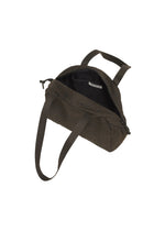 A BLOOM & PLAID BOSTON bag by HaaT, crafted in India from dark brown fabric, features two handles and a zipper closure. Shown open against a white background, it reveals a spacious black interior with a visible label inside.
