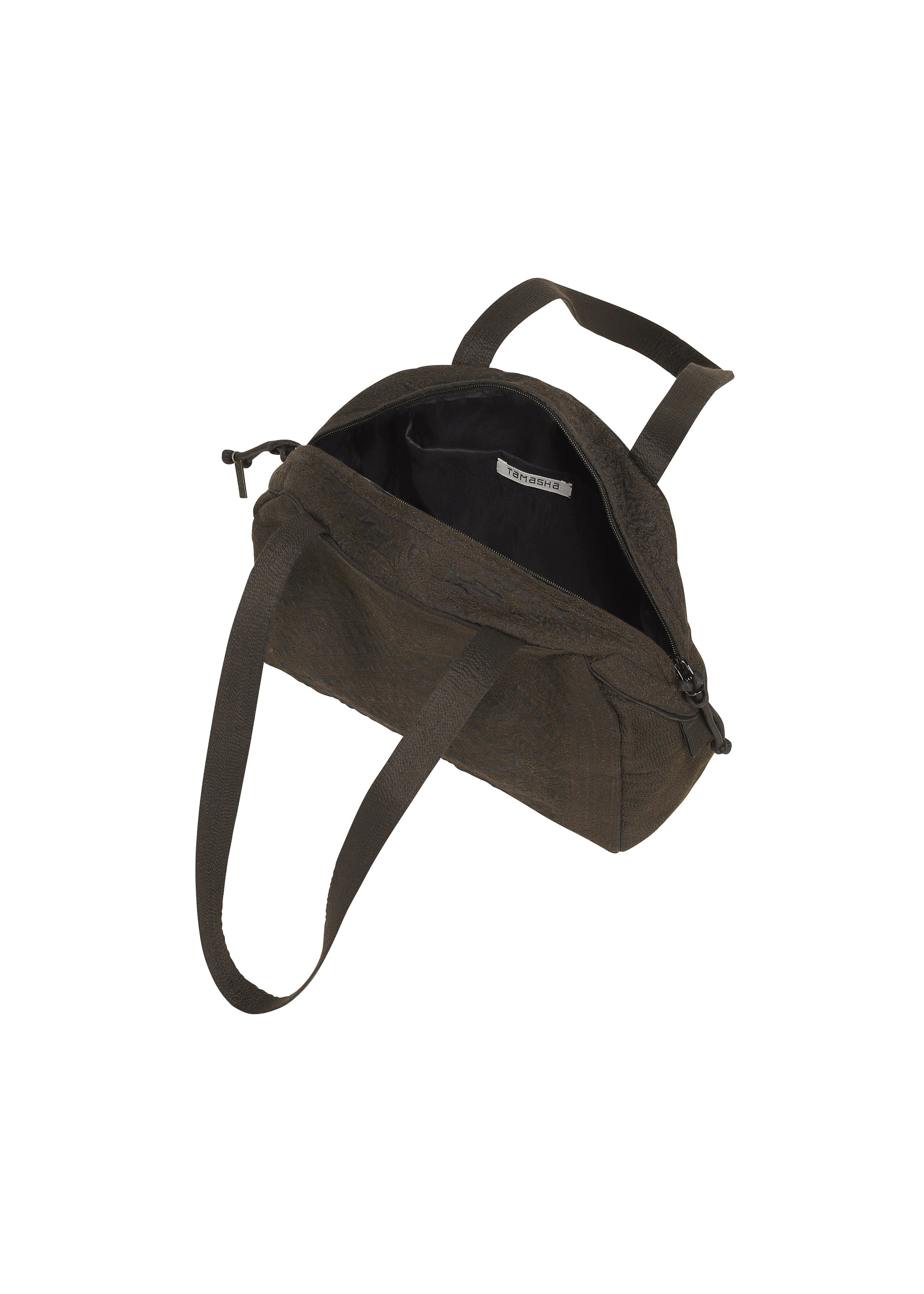 Zoomed view A BLOOM & PLAID BOSTON bag by HaaT, crafted in India from dark brown fabric, features two handles and a zipper closure. Shown open against a white background, it reveals a spacious black interior with a visible label inside.