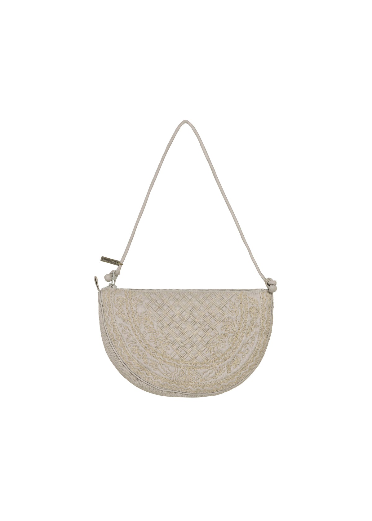The BLOOM & PLAID BOSTON by HaaT is a beige crescent-shaped shoulder bag featuring intricate Bhill embroidery and a thin strap, crafted in India and shown against a plain white background. view 1 of 7