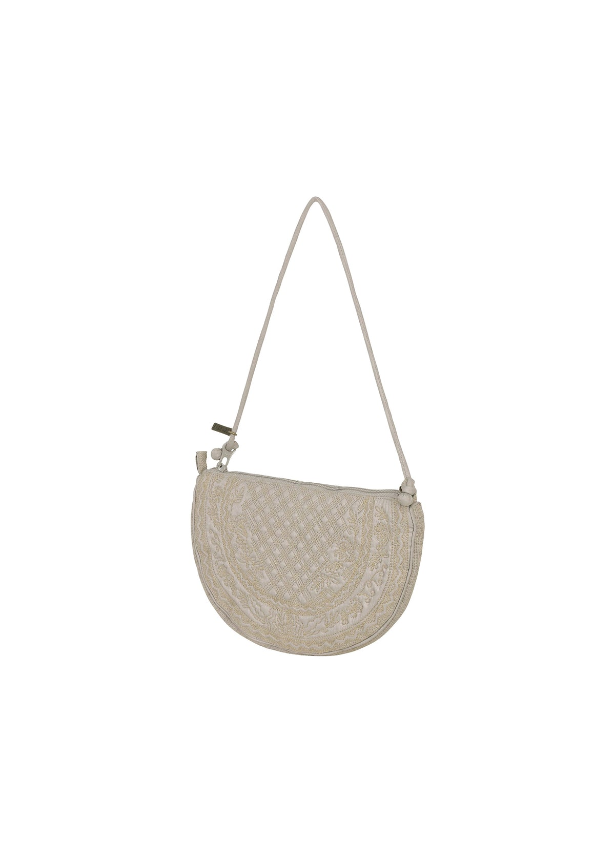 BLOOM & PLAID BOSTON by HaaT is a beige, crescent-shaped shoulder bag featuring intricate Bhill embroidery patterns and a long, thin strap. Beautifully made in India, this elegant pouch is set against a plain white background. view 2 of 7