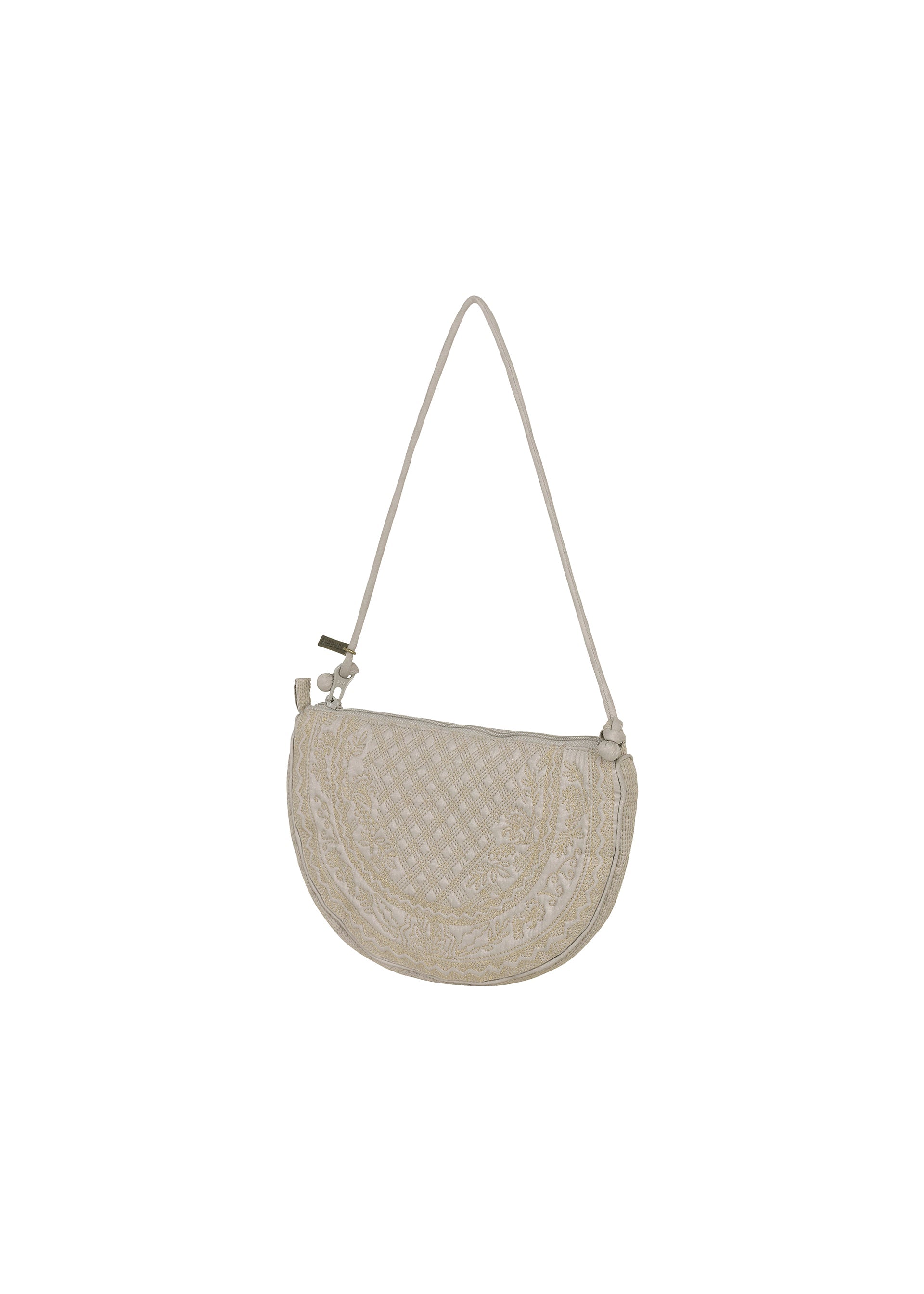 Zoomed view BLOOM & PLAID BOSTON by HaaT is a beige, crescent-shaped shoulder bag featuring intricate Bhill embroidery patterns and a long, thin strap. Beautifully made in India, this elegant pouch is set against a plain white background.