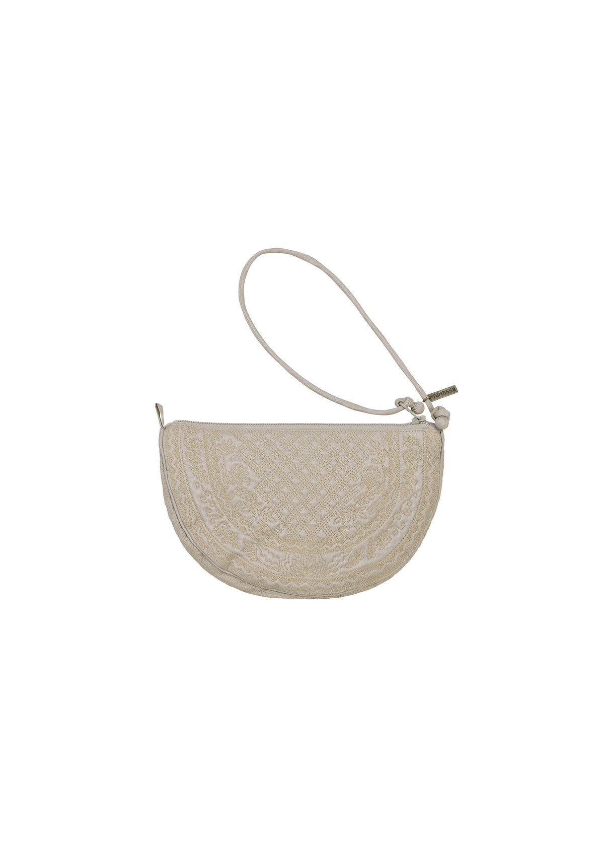 The BLOOM & PLAID BOSTON by HaaT is a beige, half-moon shaped clutch pouch adorned with intricate Bhill embroidery and features a slim wrist strap on one side. Made in India, this bag is shown against a plain white background. view 3 of 7