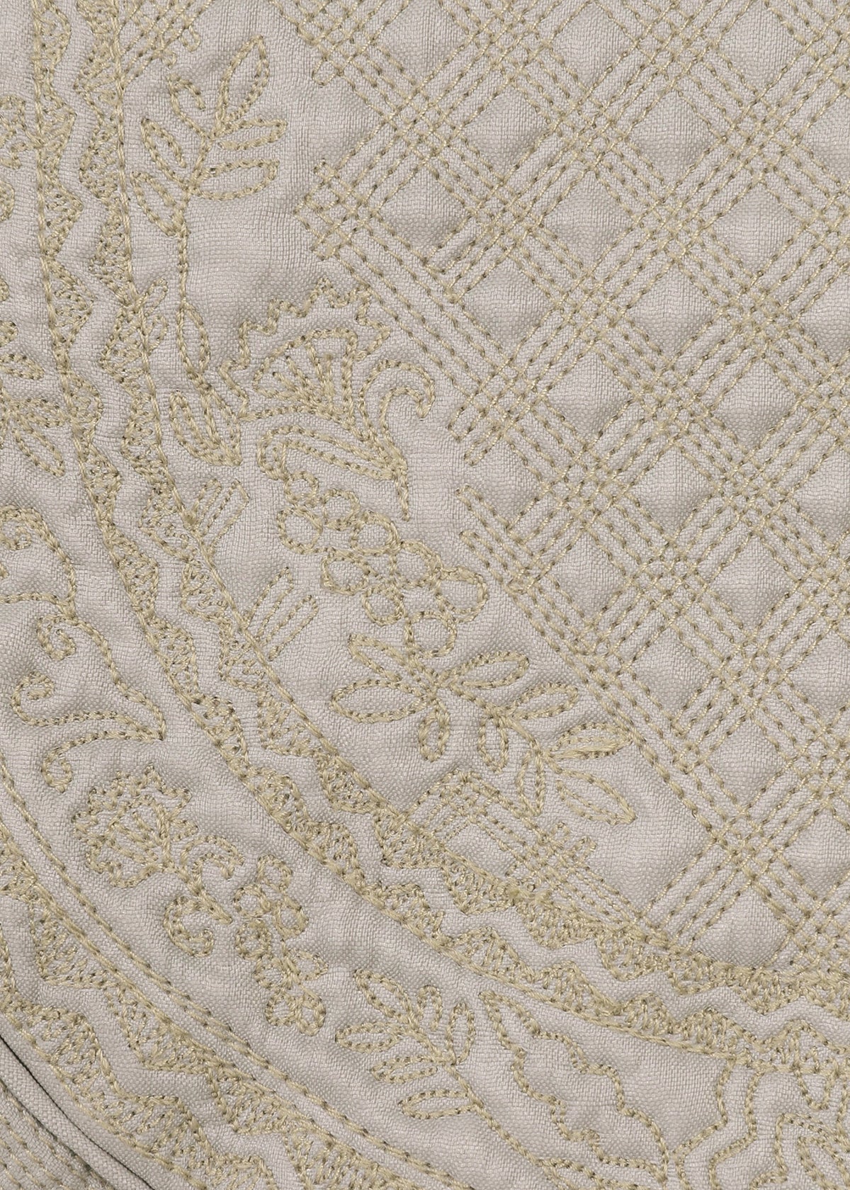 Close-up of beige quilted fabric with intricate floral and lattice embroidery, creating a textured and decorative surface. The BLOOM & PLAID BOSTON pouch by HaaT showcases exquisite Bhill embroidery, highlighting artisanal craftsmanship made in India. view 5 of 7