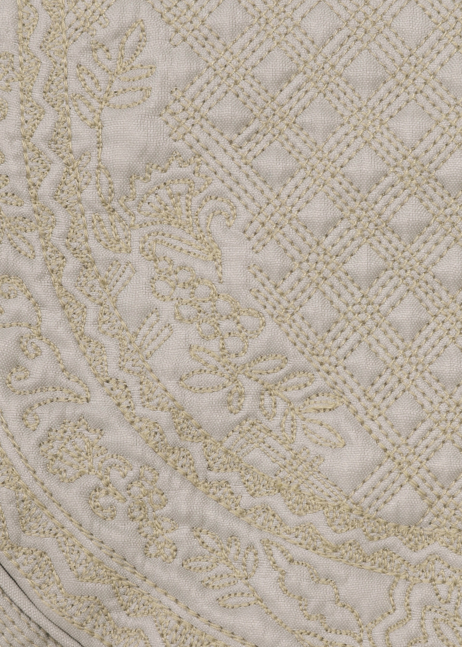 Zoomed view Close-up of beige quilted fabric with intricate floral and lattice embroidery, creating a textured and decorative surface. The BLOOM & PLAID BOSTON pouch by HaaT showcases exquisite Bhill embroidery, highlighting artisanal craftsmanship made in India.