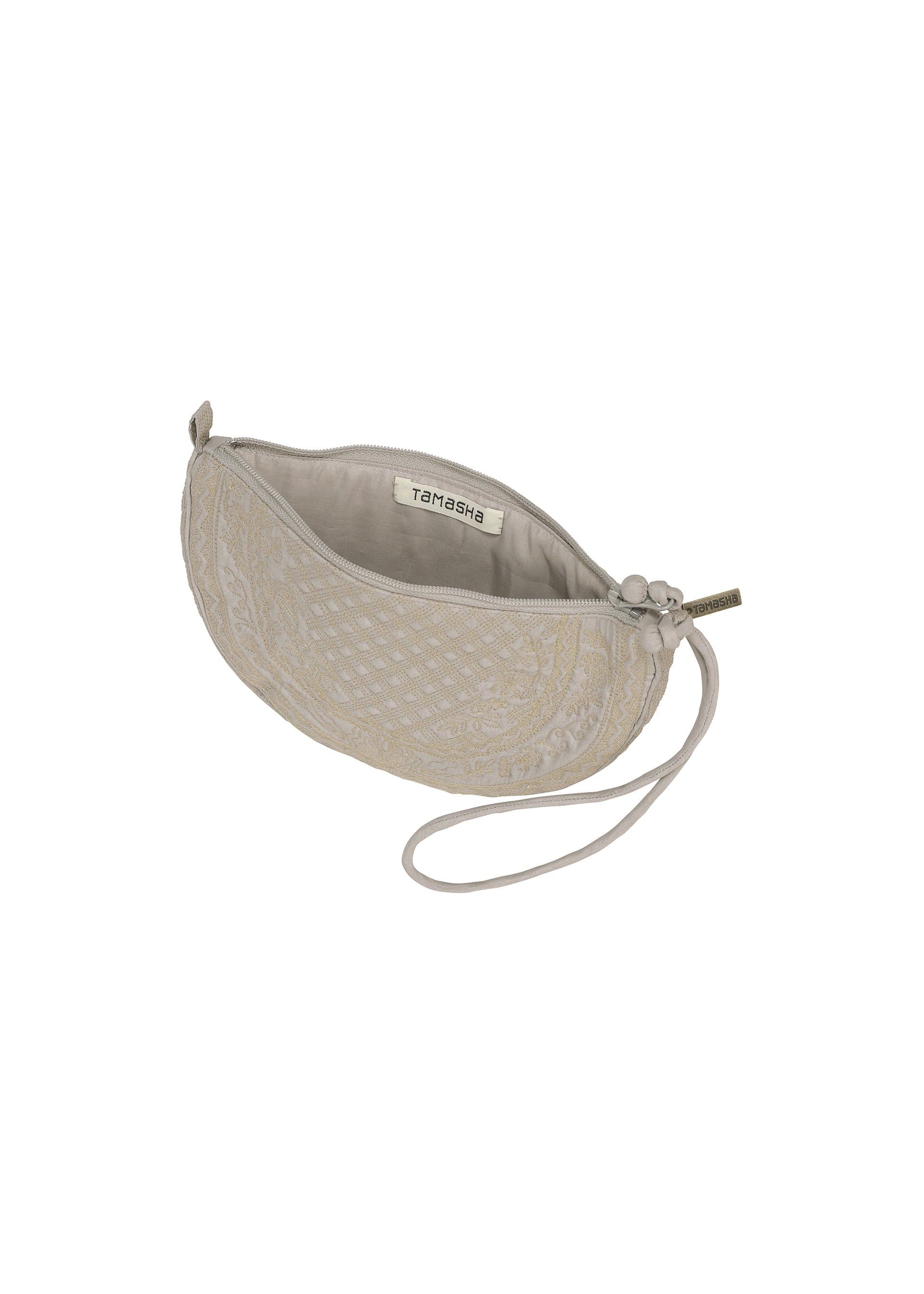 Zoomed view Beige embroidered wristlet pouch with zipper closure, featuring intricate Bhill embroidery and a small tag reading HaaT, complete with a wrist strap, photographed from above on a white background. This elegant BLOOM & PLAID BOSTON pouch is proudly made in India.