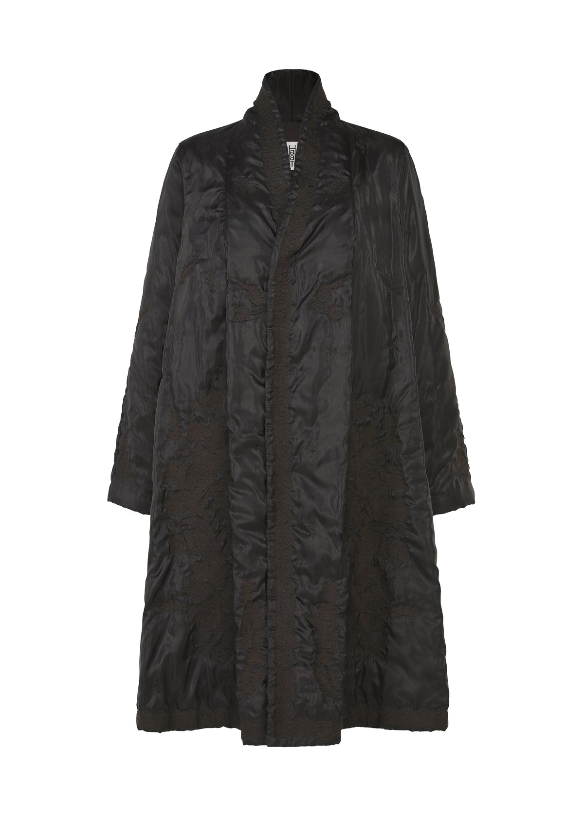 The DELICATE FLORAL BHILL by HaaT is a long black textured evening coat with a shawl collar, decorative stitching, and subtle botanical patterns along the sides and hem, shown on a plain white background. view 3 of 9