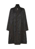 The DELICATE FLORAL BHILL by HaaT is a long black textured evening coat with a shawl collar, decorative stitching, and subtle botanical patterns along the sides and hem, shown on a plain white background.