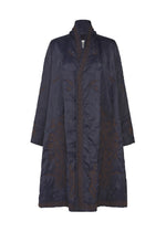 The DELICATE FLORAL BHILL by HaaT is a long, dark navy evening coat with brown botanical Bhill embroidery and a shawl collar, shown on a plain white background.