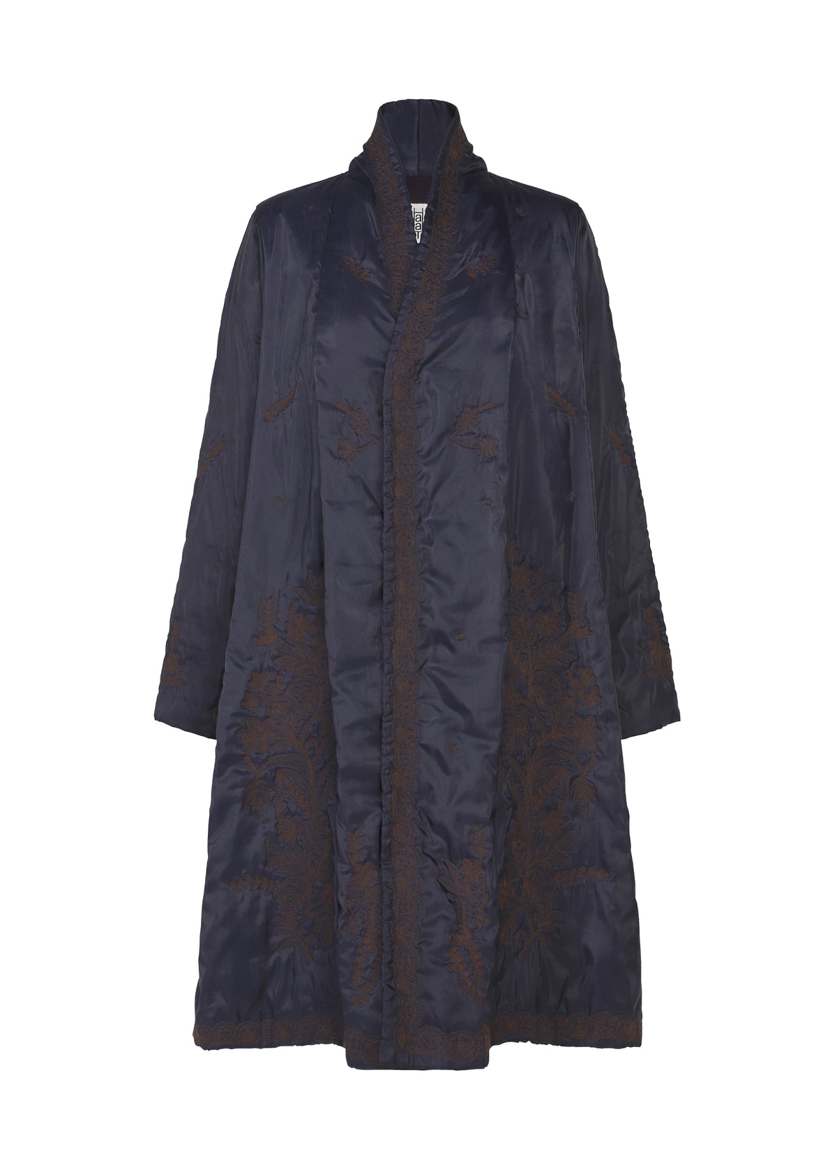 Zoomed view The DELICATE FLORAL BHILL by HaaT is a long, dark navy evening coat with brown botanical Bhill embroidery and a shawl collar, shown on a plain white background.
