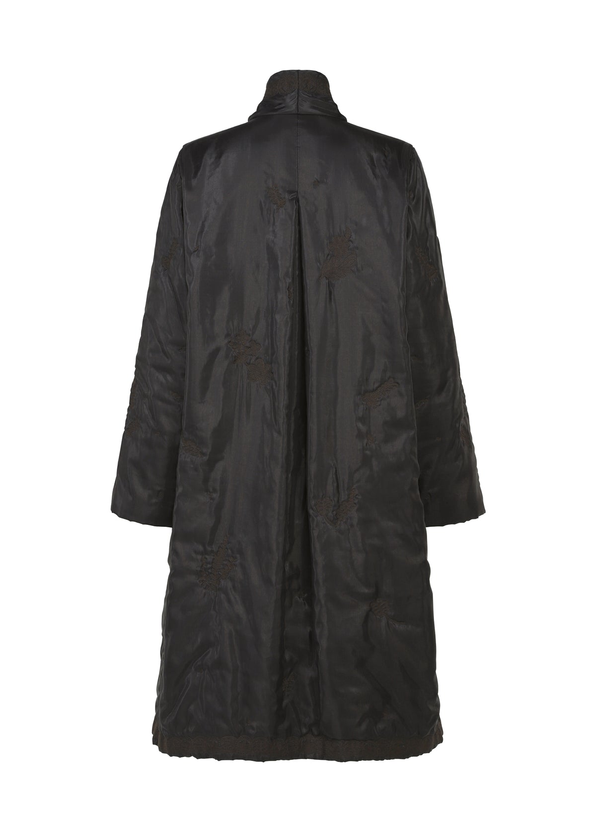 The DELICATE FLORAL BHILL by HaaT is a long black evening coat with subtle Bhill embroidery and botanical patterns, featuring a straight, loose fit, full-length sleeves, high collar, and shown from the back. view 4 of 9