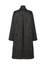 The DELICATE FLORAL BHILL by HaaT is a long black evening coat with subtle Bhill embroidery and botanical patterns, featuring a straight, loose fit, full-length sleeves, high collar, and shown from the back.