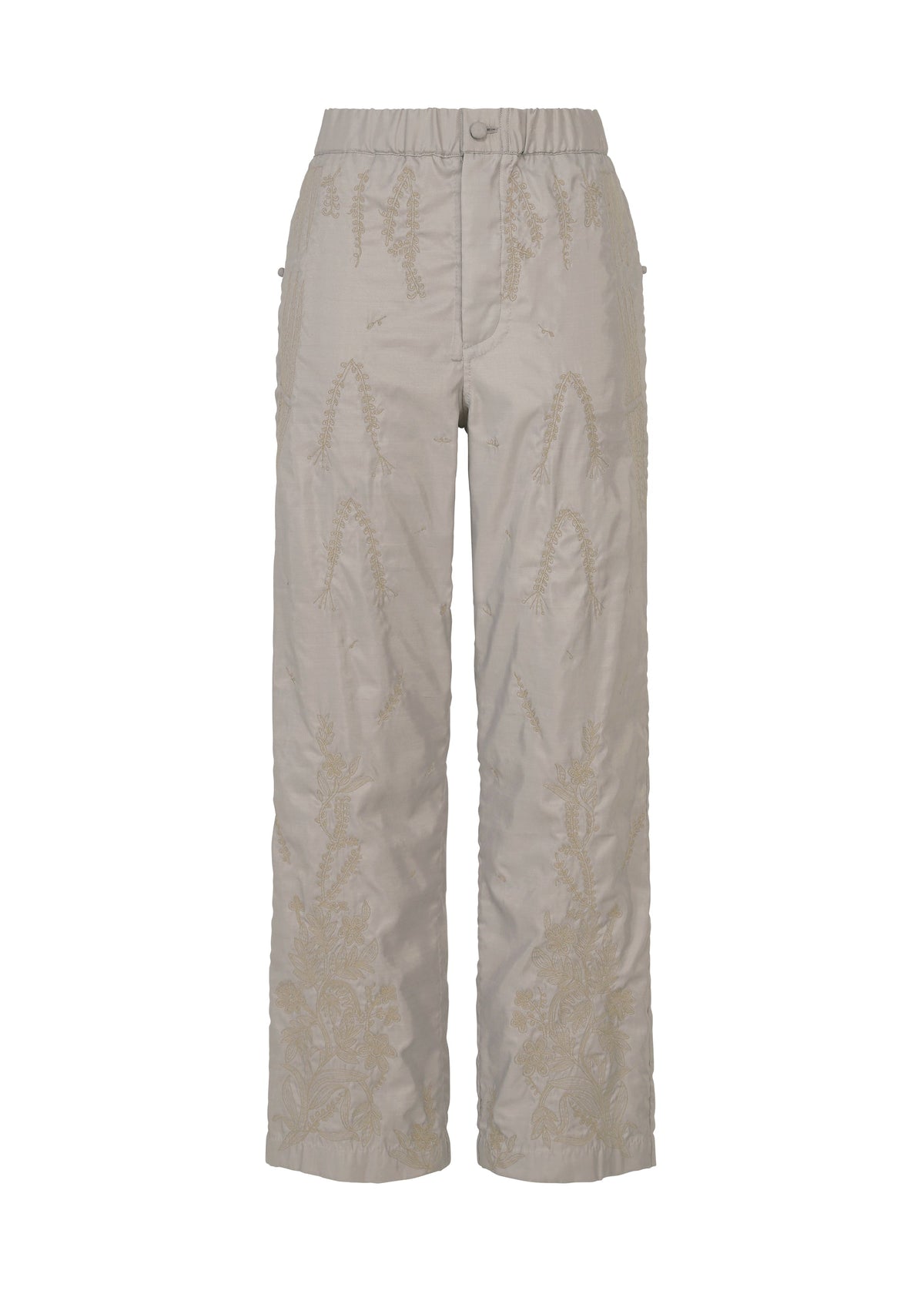 The DELICATE FLORAL BHILL by HaaT are light beige, high-waisted straight-leg nylon pants with an elastic waistband, subtle botanical Bhill embroidery, a relaxed fit, and handy side pockets. view 1 of 9