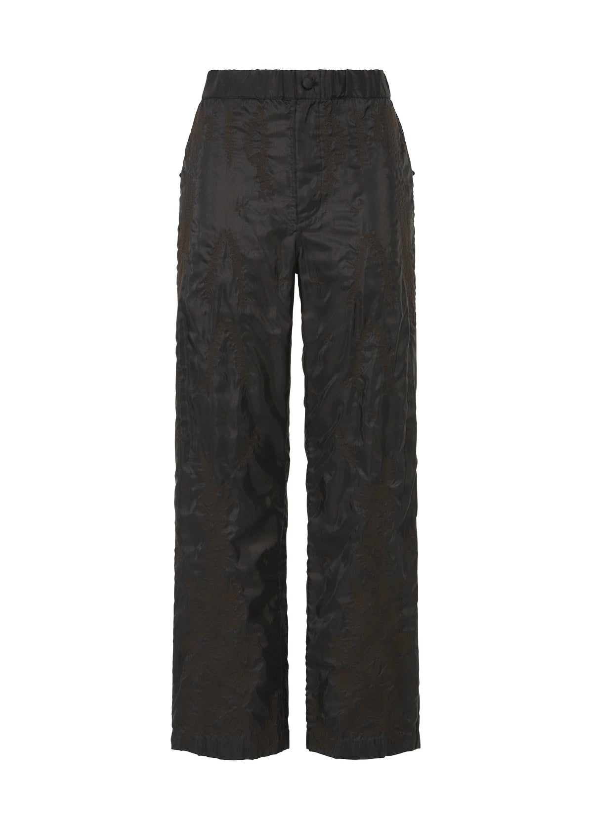 Zoomed view DELICATE FLORAL BHILL by HaaT: Black wide-leg nylon pants with a subtle floral pattern, elastic waistband, and straight cut, shown on a white background. - ALMOST BLACK （no.18）