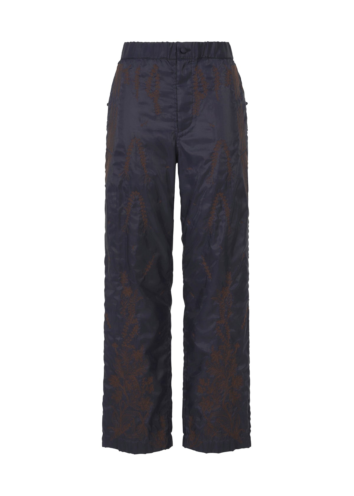 Zoomed view HaaT DELICATE FLORAL BHILL: Dark navy nylon straight-leg pants with subtle brown botanical Bhill embroidery and a buttoned waist, shown on a white background. - DARK NAVY （no.76）