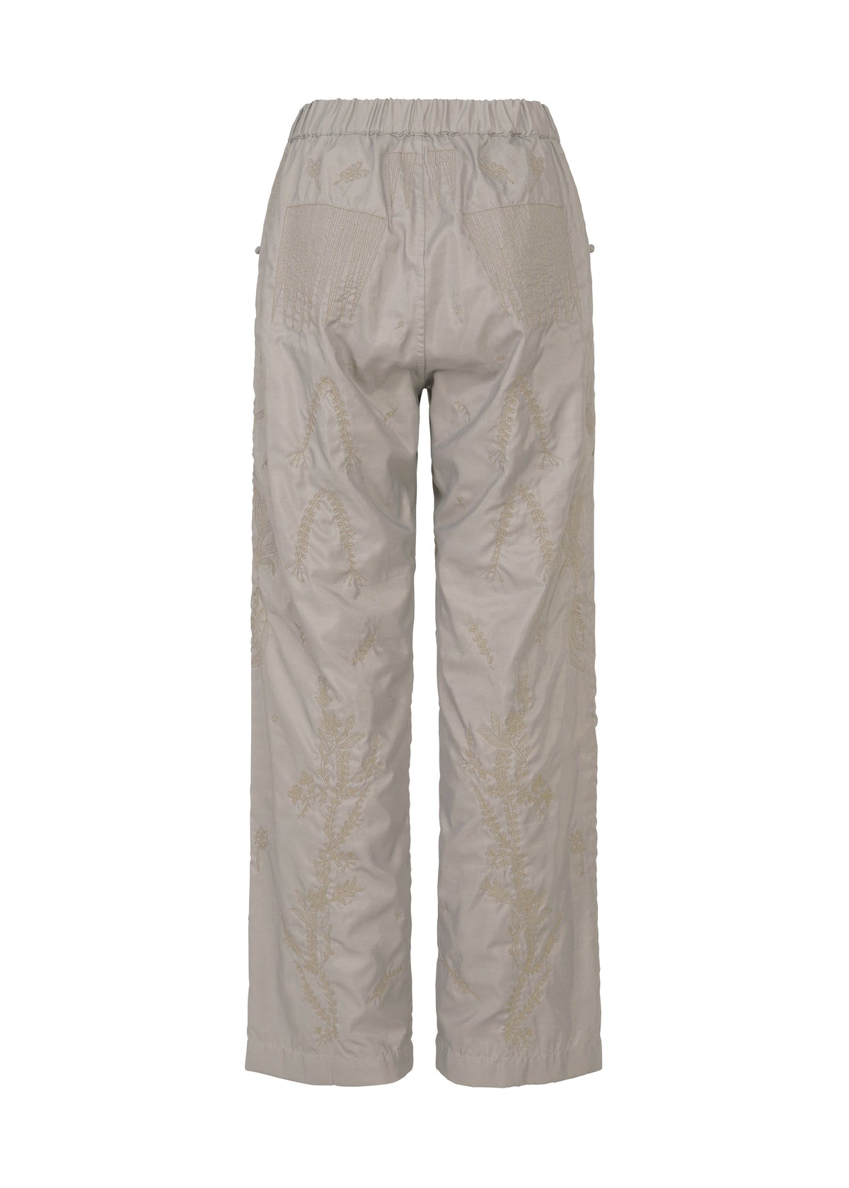 Zoomed view Back view of HaaT DELICATE FLORAL BHILL light beige nylon pants with Bhill embroidery, botanical patterns, elastic waistband, straight legs, and two back pockets.