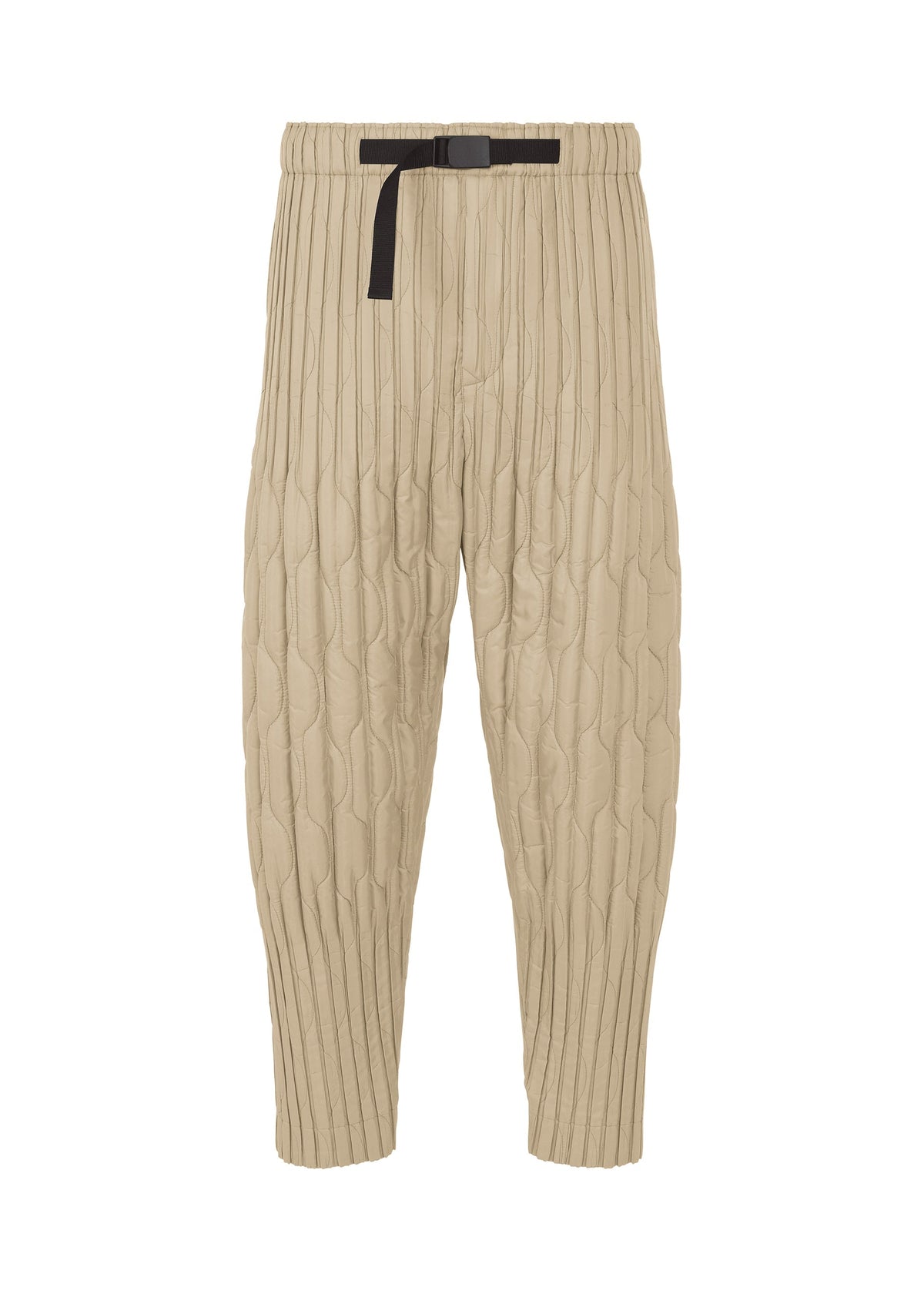 PADDED PLEATS by HOMME PLISSÉ ISSEY MIYAKE: beige quilted pants with textured embroidery, elastic waistband, black adjustable belt, and tapered, slightly cropped legs for a modern, relaxed fit. view 2 of 7