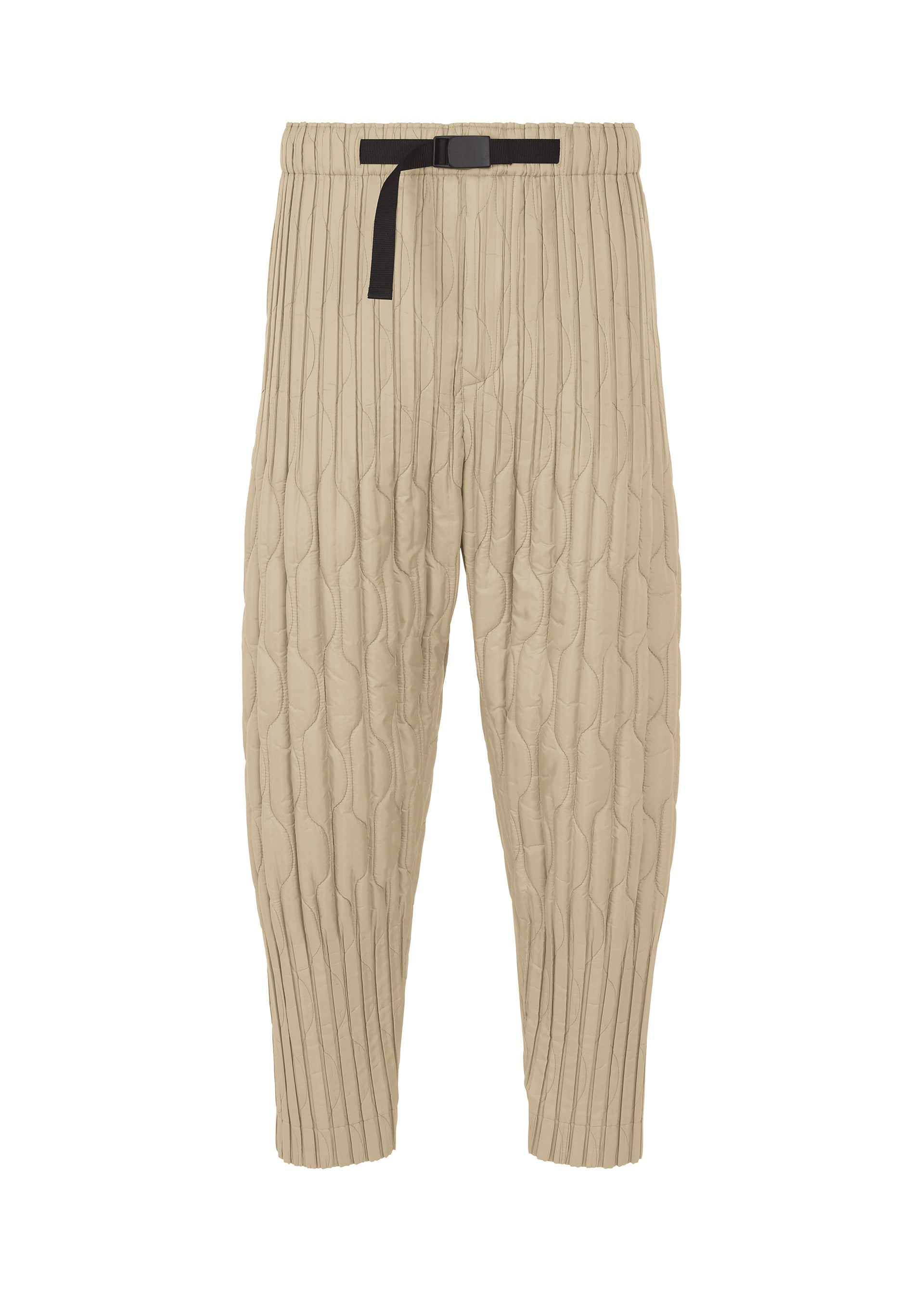 Zoomed view PADDED PLEATS by HOMME PLISSÉ ISSEY MIYAKE: beige quilted pants with textured embroidery, elastic waistband, black adjustable belt, and tapered, slightly cropped legs for a modern, relaxed fit. - BEIGE （no.40）