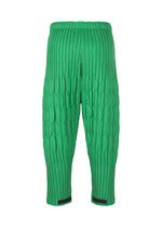 The PADDED PLEATS pants by HOMME PLISSÉ ISSEY MIYAKE feature green quilted fabric, an elastic waistband, vertical stitching, and a padded texture. Cropped legs with black-trimmed cuffs and subtle box pleats add structure to the relaxed fit.