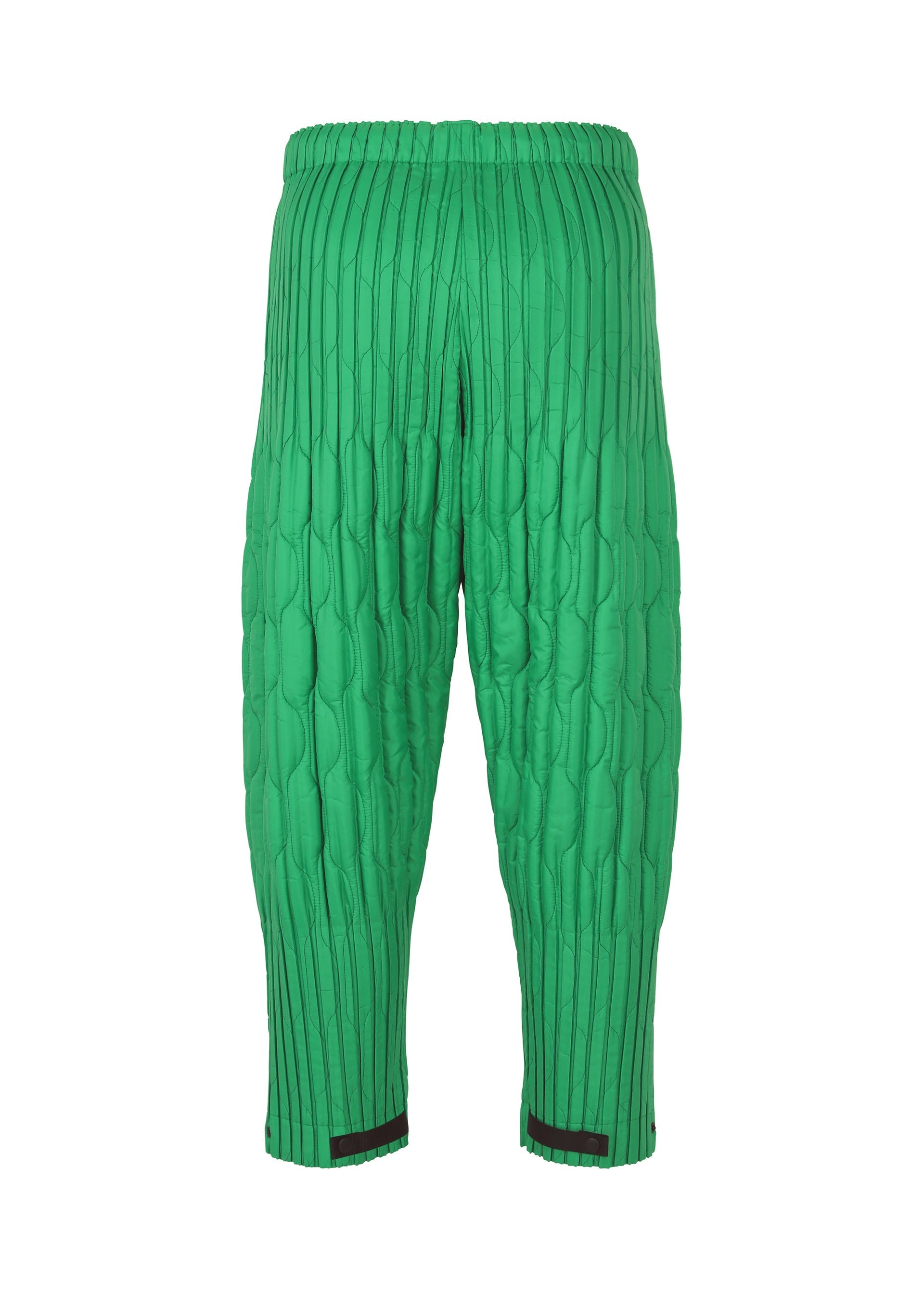 Zoomed view The PADDED PLEATS pants by HOMME PLISSÉ ISSEY MIYAKE feature green quilted fabric, an elastic waistband, vertical stitching, and a padded texture. Cropped legs with black-trimmed cuffs and subtle box pleats add structure to the relaxed fit.
