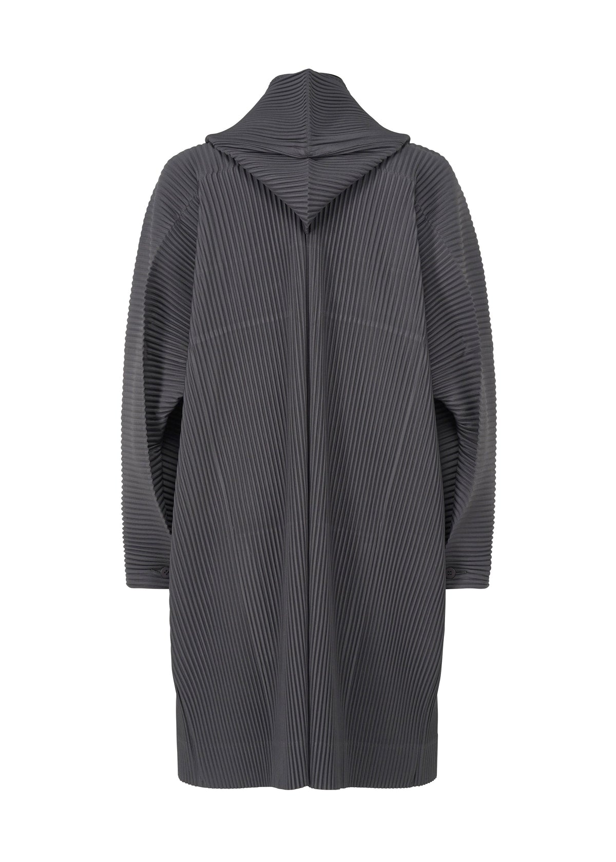 The MONTHLY COLORS : DECEMBER coat by HOMME PLISSÉ ISSEY MIYAKE is a long-sleeved, knee-length, dark gray hooded piece with a pleated texture and wide collar, shown on a plain white background—ideal for stylish outerwear. view 2 of 6
