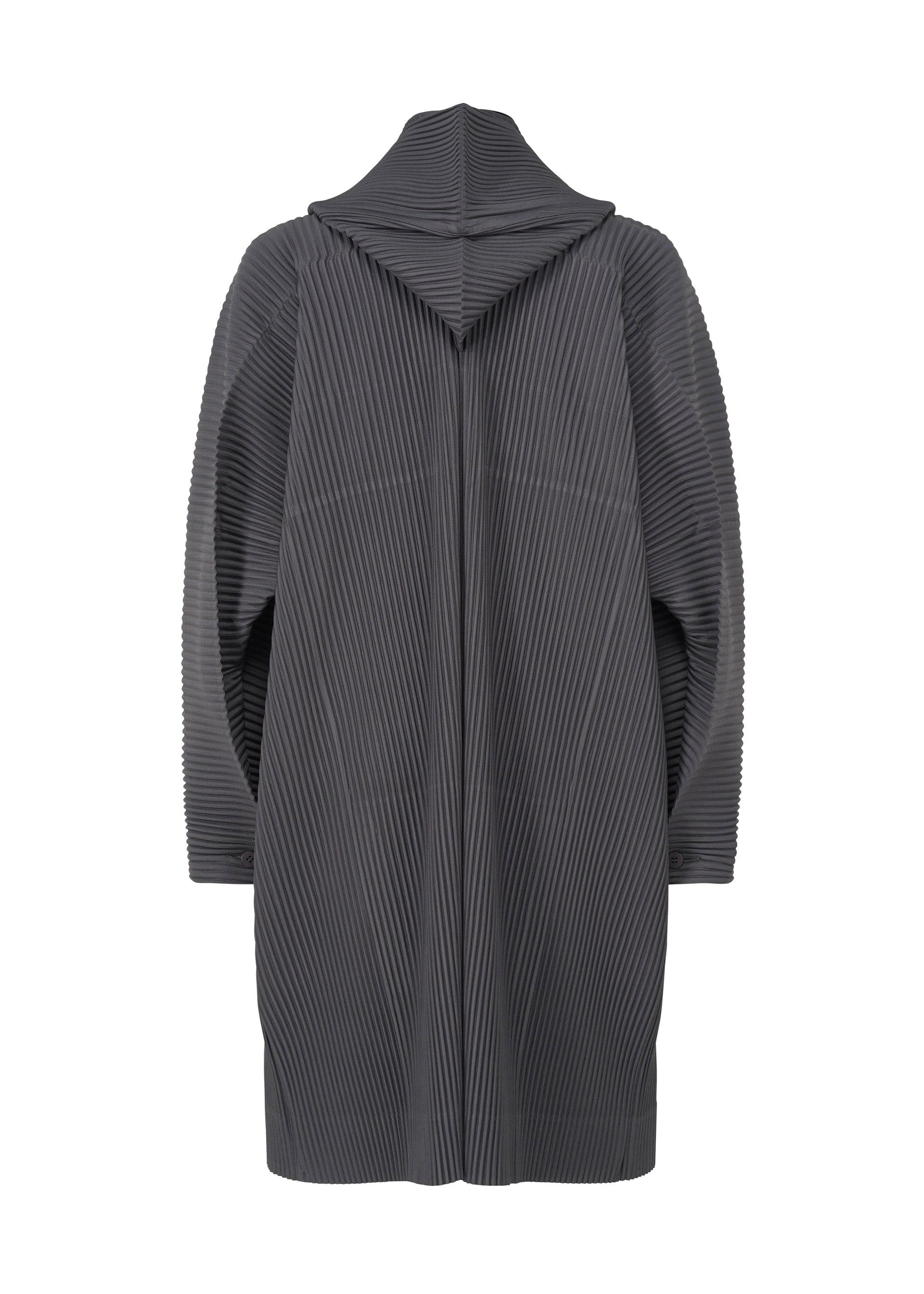 Zoomed view The MONTHLY COLORS : DECEMBER coat by HOMME PLISSÉ ISSEY MIYAKE is a long-sleeved, knee-length, dark gray hooded piece with a pleated texture and wide collar, shown on a plain white background—ideal for stylish outerwear.